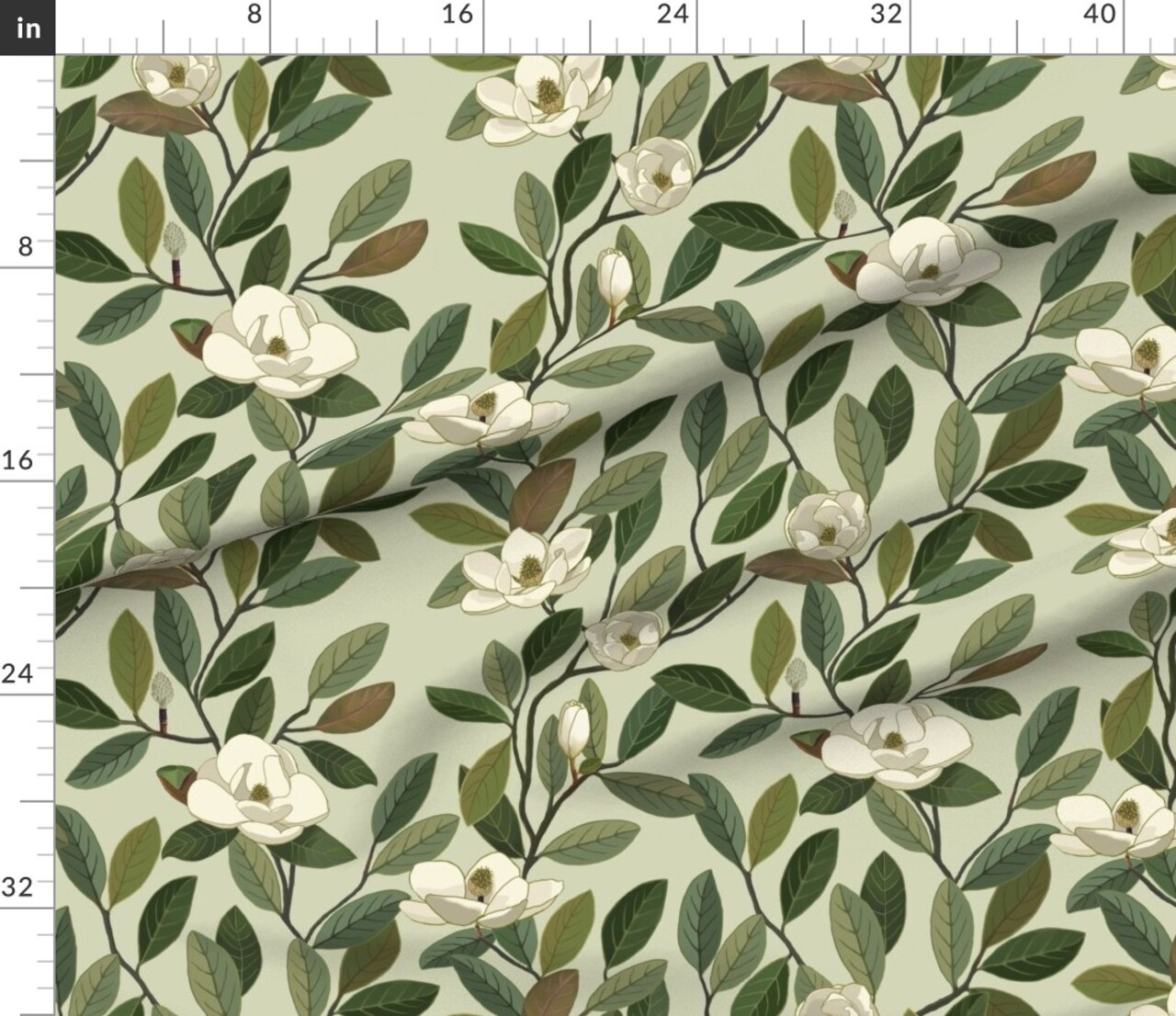 Magnolia Blooms Green White Flowers Botanical Floral Custom Printed Fabric by Spoonflower Various Fabrics by the Yard or Fat Quarter